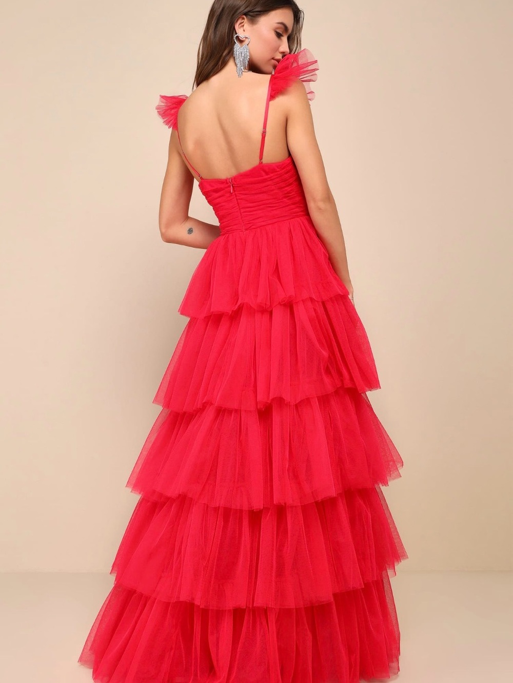 Lulus Women’s Fabulous Poise Tulle Tiered Red Maxi Dress Medium Formal New - Picture 2 of 14